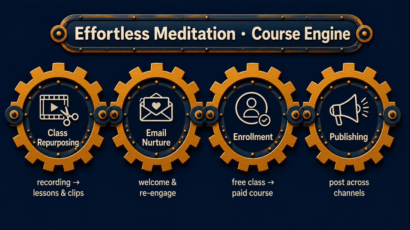 The Effortless Meditation course engine: Class Repurposing, Email Nurture, Enrollment, and Publishing gears.