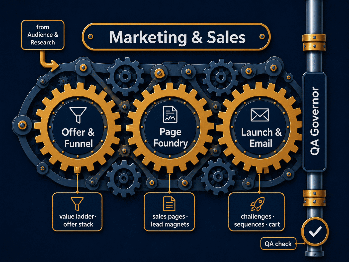 Marketing and Sales closeup: Offer and Funnel, Page Foundry, and Launch and Email gears.