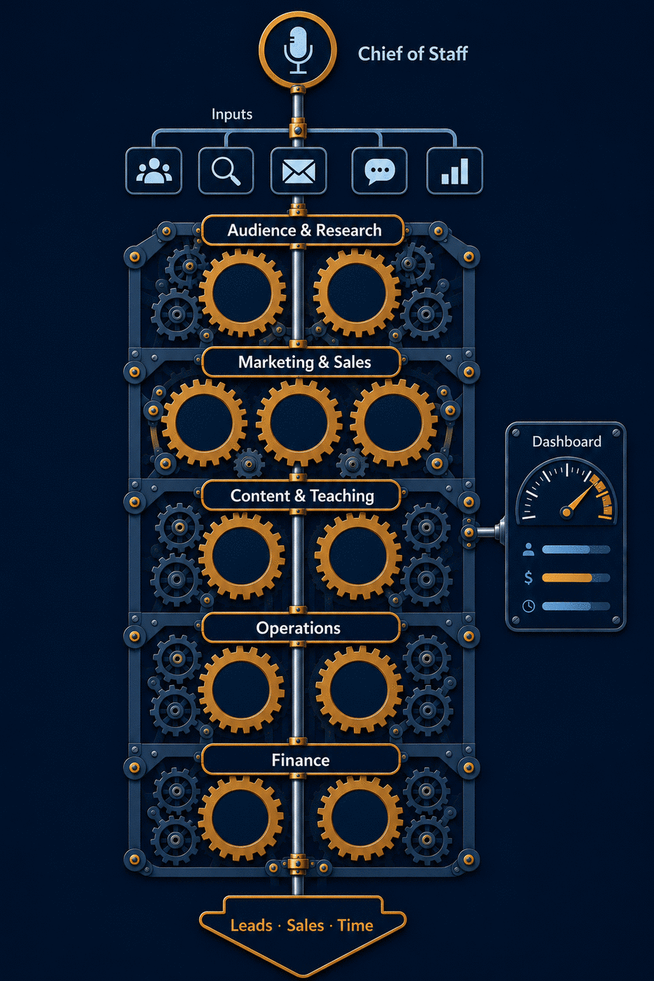 The Engine: a vertical stack of interlocking gears, from a single voice interface at the top down to leads, sales, and time saved at the bottom.